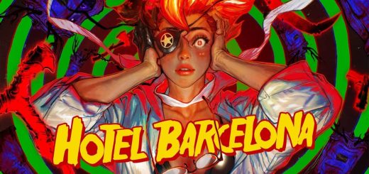 A panoramic shot from Hotel Barcelona featuring the game title and eerie hotel exterior at dusk.