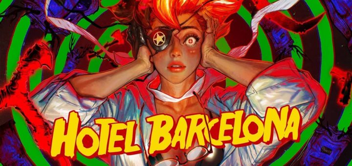 A panoramic shot from Hotel Barcelona featuring the game title and eerie hotel exterior at dusk.
