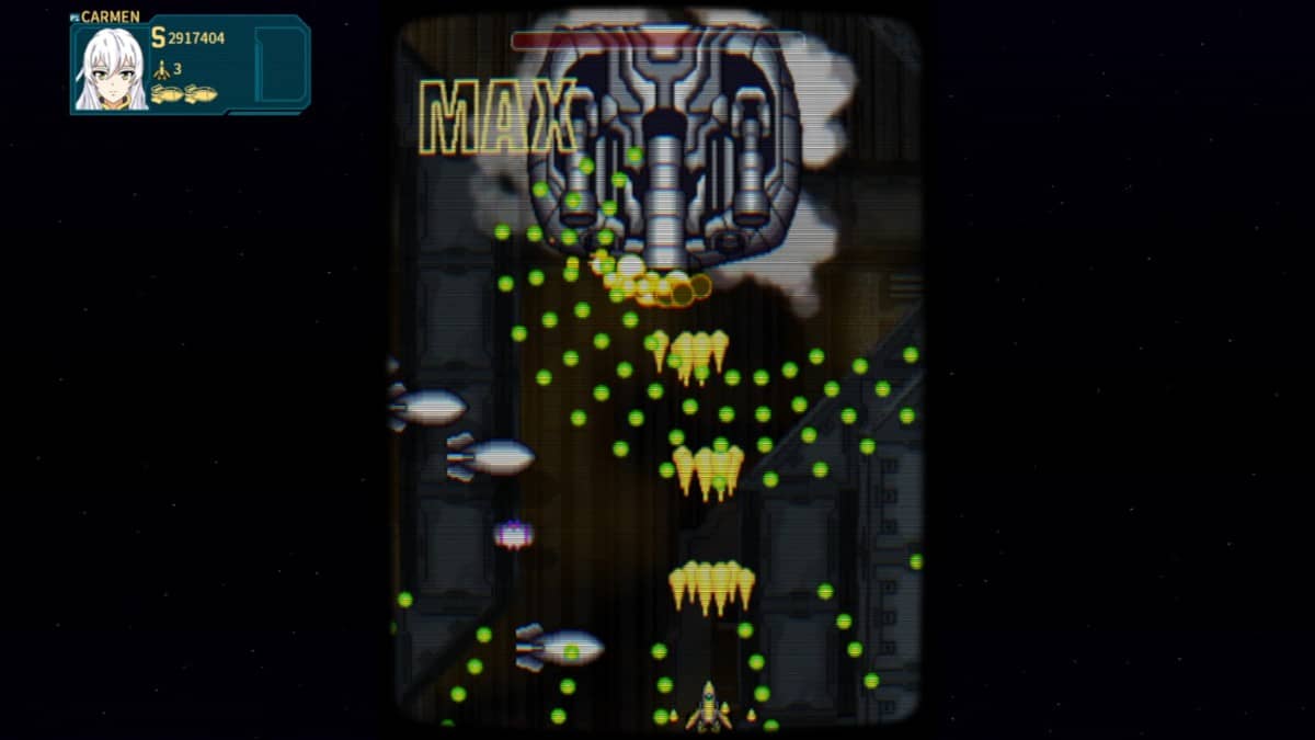 A CRT-styled boss battle in I Got Isekai’d Into a Shmup, with a massive spaceship firing green wave attacks