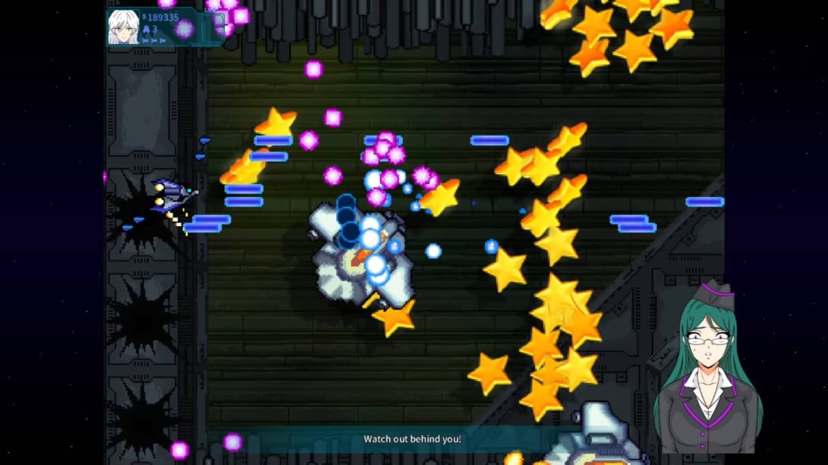 Story dialogue appears mid-game in I Got Isekai’d Into a Shmup, with avatar and text overlay during gameplay