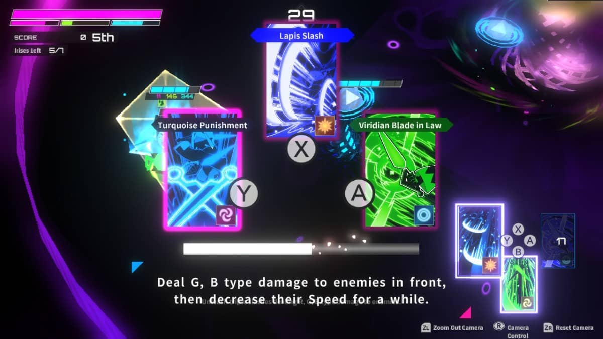 Phase screen in Irisy Aqua showing three bright neon ability cards players choose from between game stages.