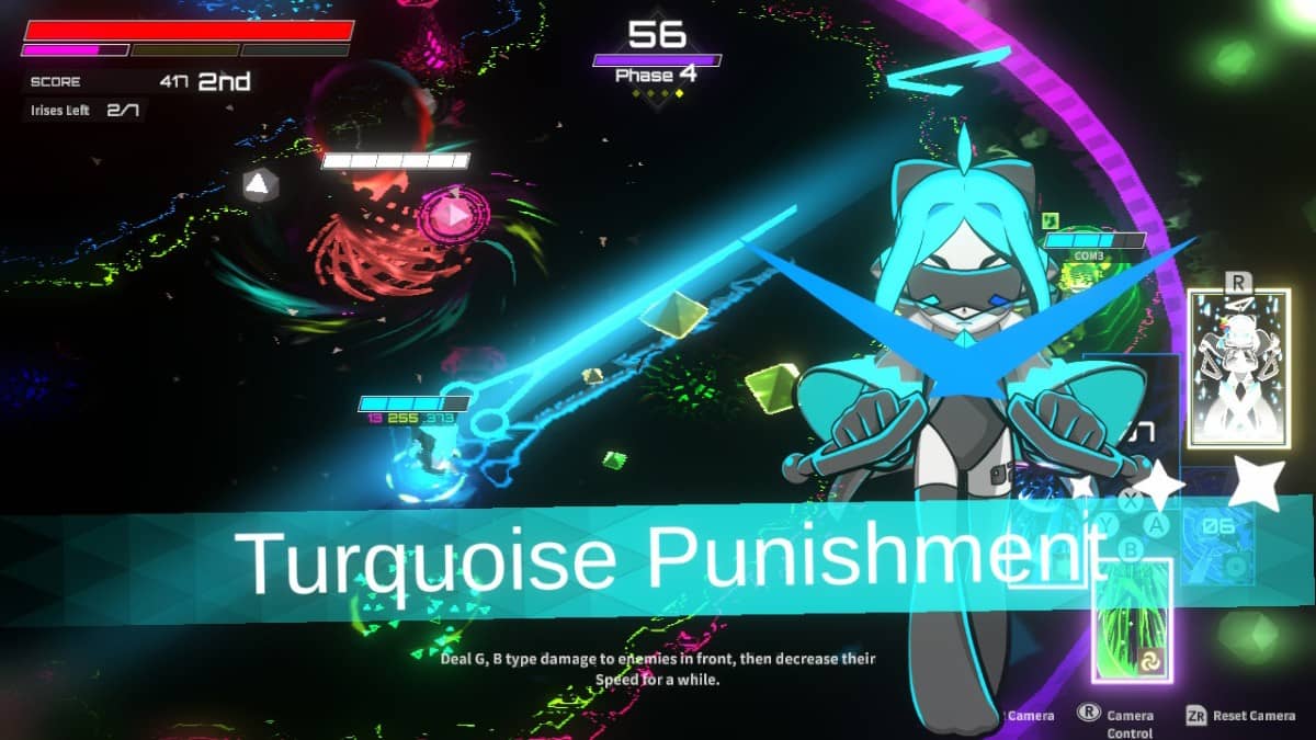 Turquoise character in Irisy Aqua faces in-game punishment as a dramatic overlay cuts across an active battlefield below.