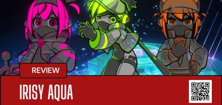 Three heroines from Irisy Aqua—yellow, green, and blue—lined up for battle in a cutscene moment of dramatic tension.