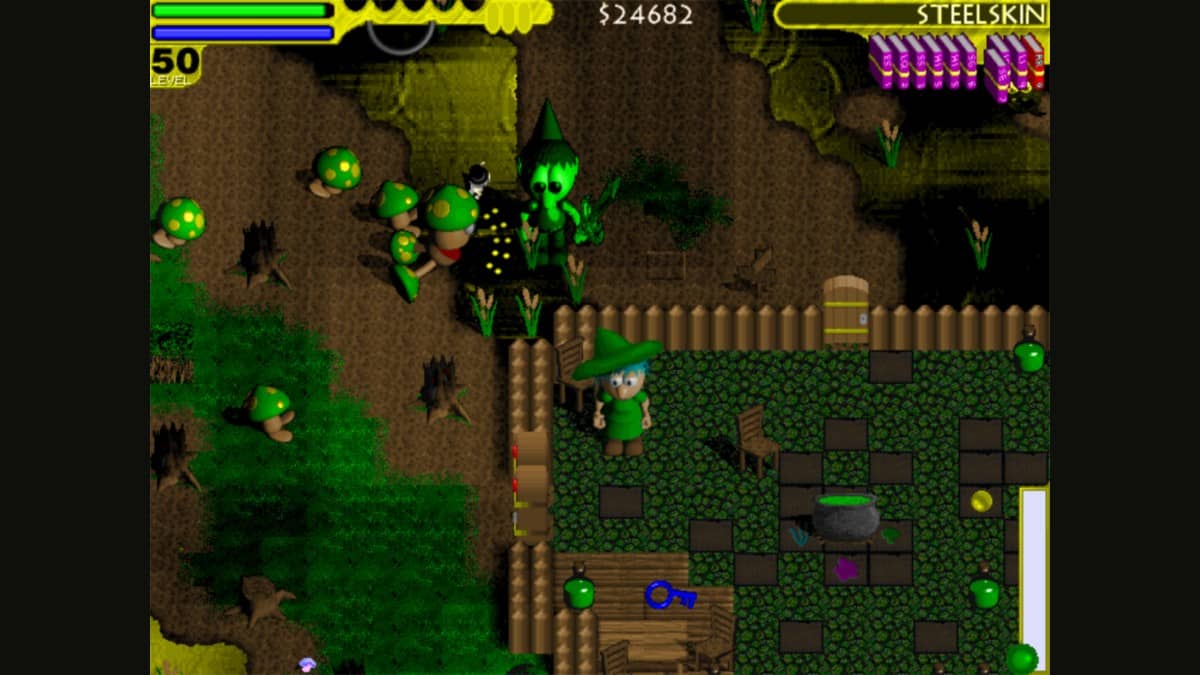 Kid Mystic: Enchanted Edition overworld scene with cursed player copy and enemy mushrooms closing in.