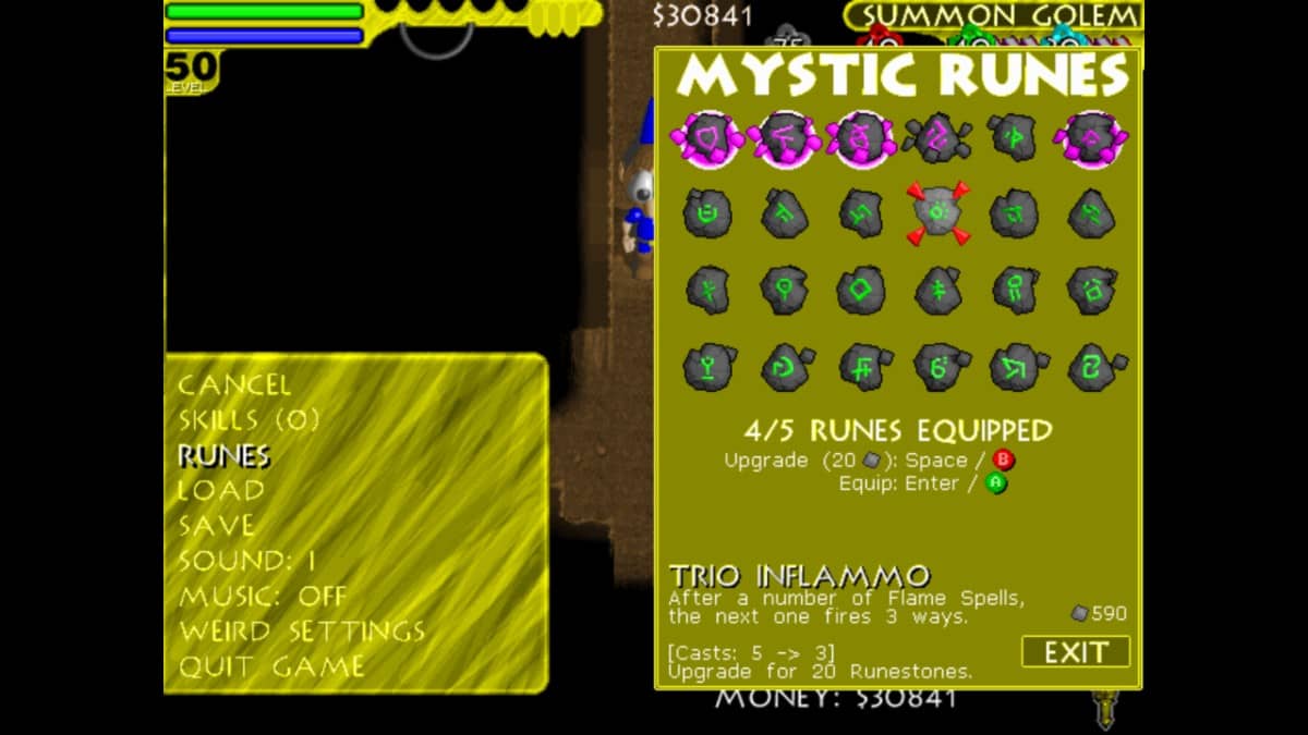 Kid Mystic: Enchanted Edition rune selection screen showing gameplay-altering magic upgrades.