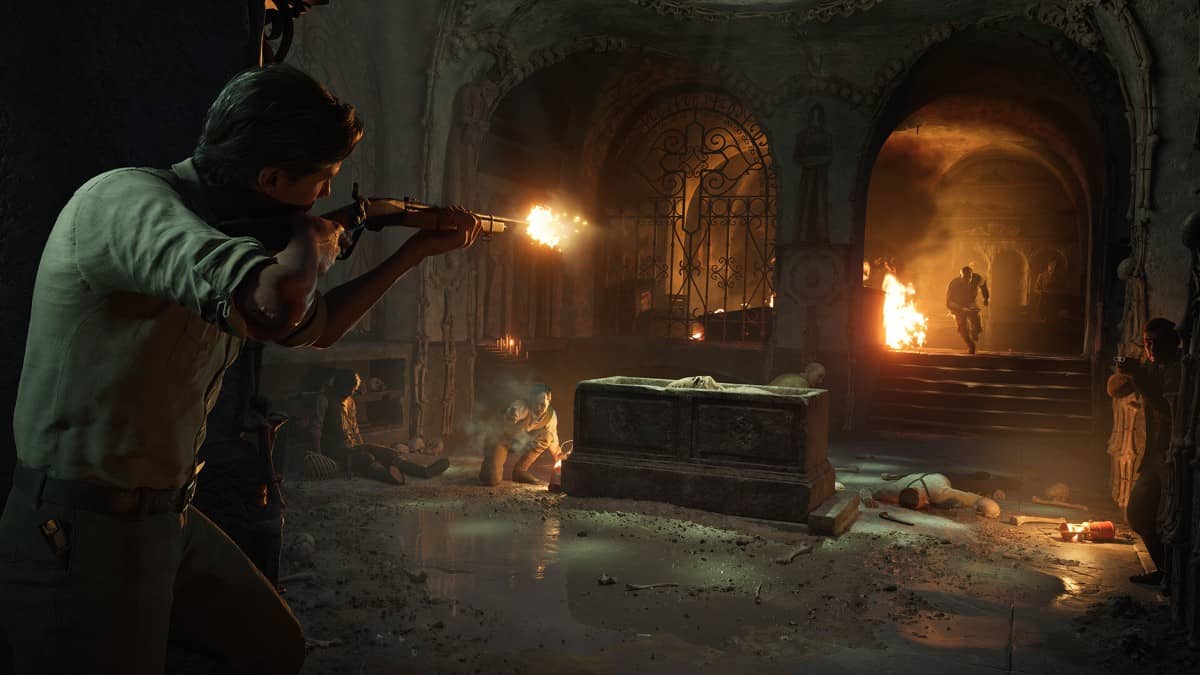 Your character fires at a charging enemy in Mafia The Old Country, set against the eerie backdrop of a burial site.