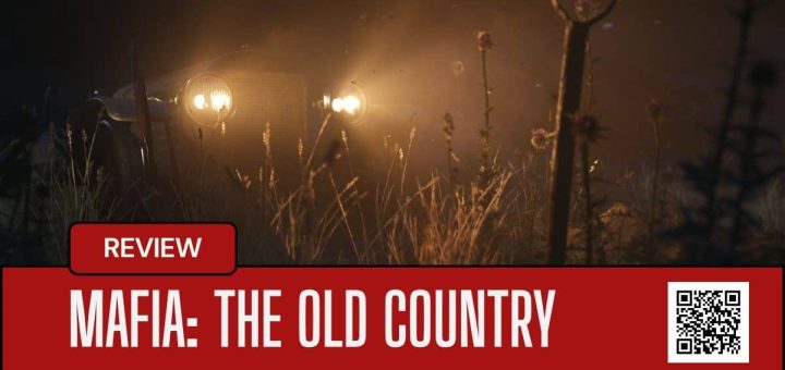 A classic car in Mafia The Old Country shines headlights onto a fresh grave, revealing a lone shovel in the moonlight.