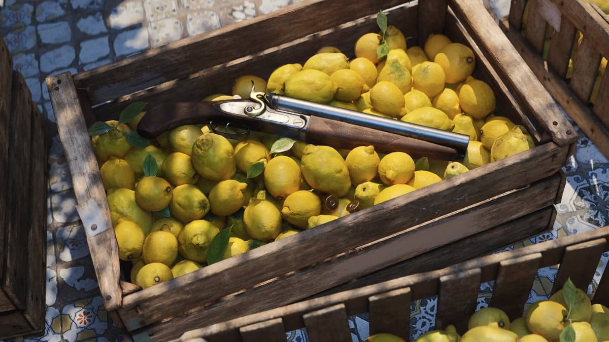 A hidden shotgun nestled in a crate of fresh lemons from Mafia The Old Country, hinting at danger beneath the surface.