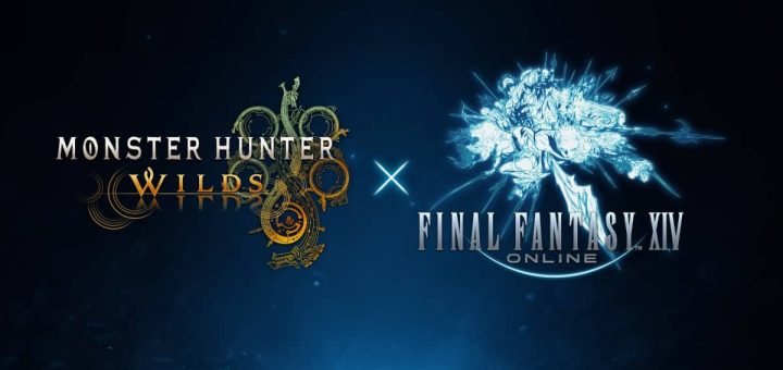 Official logo for the Monster Hunter Wilds and Final Fantasy XIV Online crossover, highlighting the collaboration event.