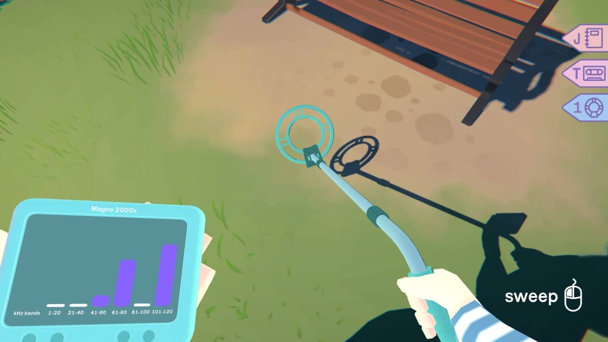 Exploring Glasden’s lush green fields with a metal detector in Morgan Metal Detective’s peaceful island setting.