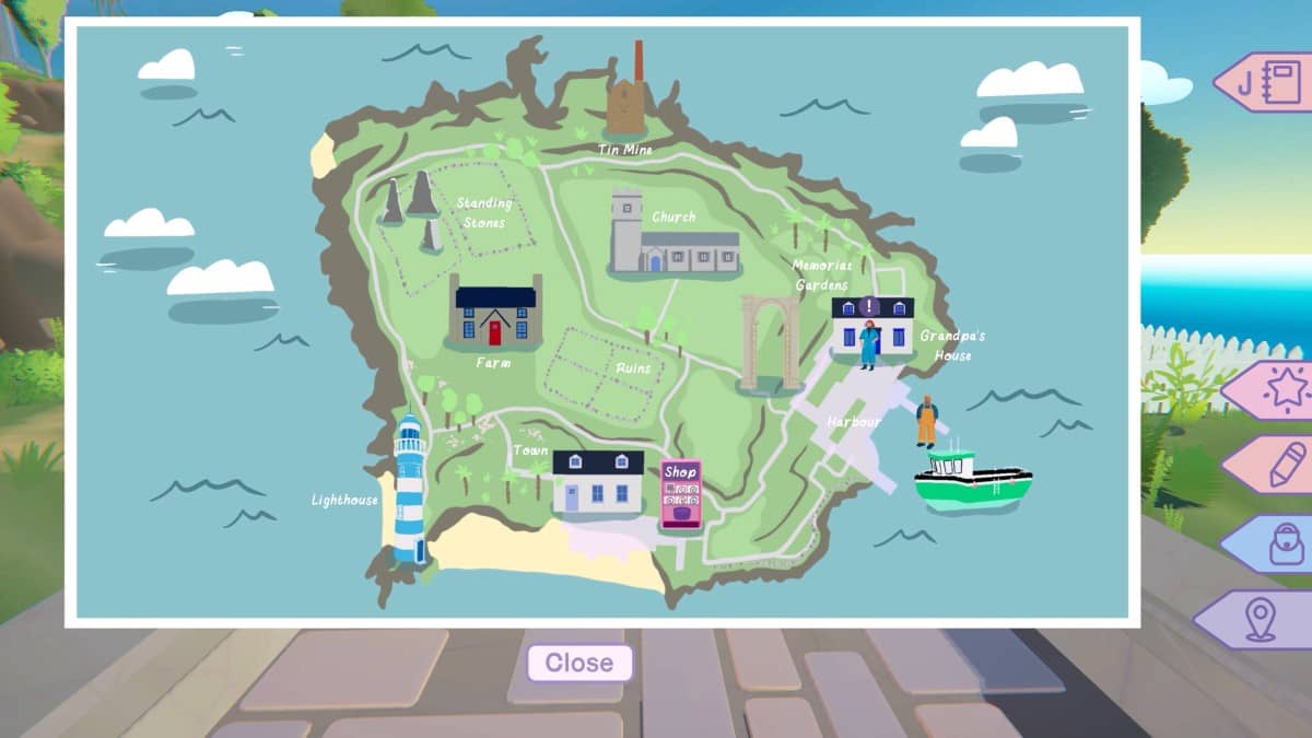 The full island map from Morgan Metal Detective, highlighting Glasden’s diverse landmarks and open exploration.