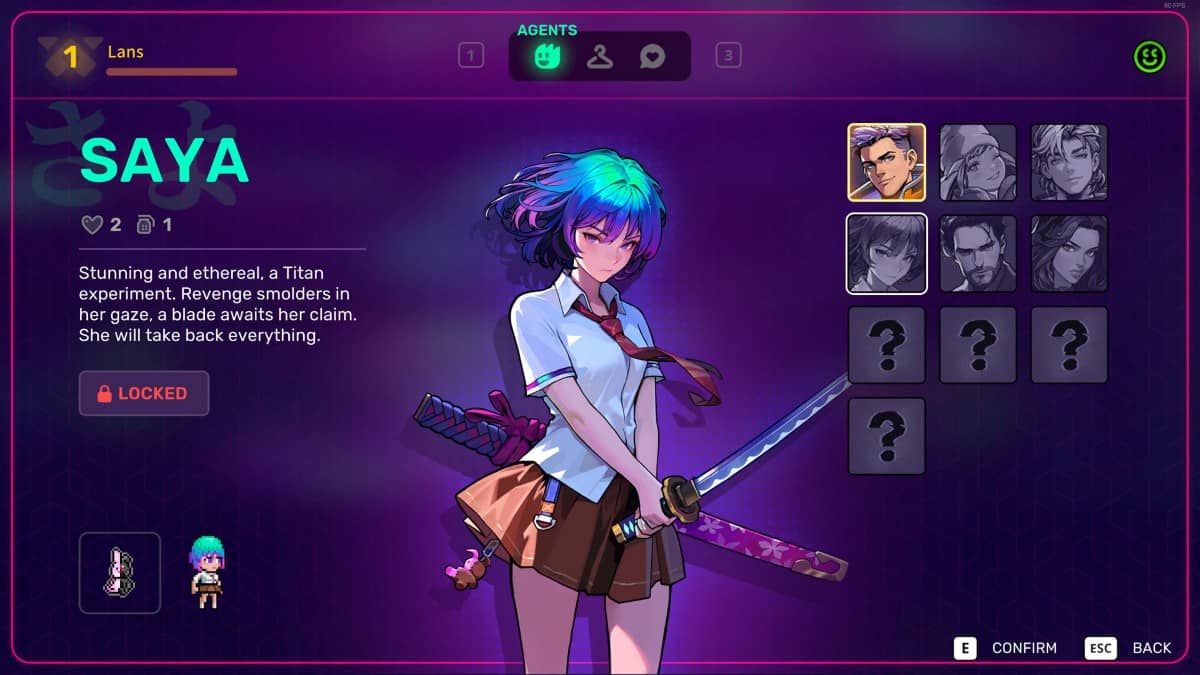 Saya appears on the Neon Abyss 2 character select screen, showcasing agent stats and abilities before launching a run.