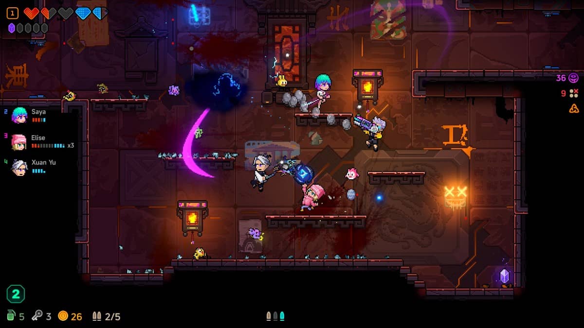 Four-player co-op unfolds in Neon Abyss 2 as agents battle enemies across chaotic platforms strewn with glowing gems.