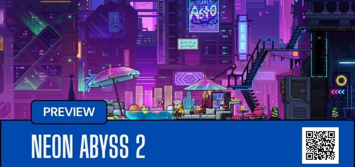 Neon Abyss 2 hub city glows with vibrant neon architecture, setting the tone for a high-energy roguelike experience.