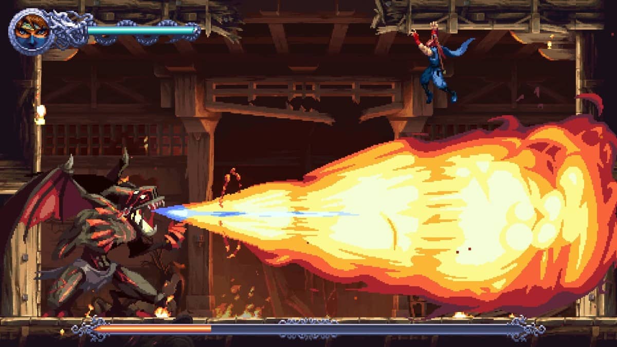 A towering gargoyle boss unleashes a massive flame across the screen in NINJA GAIDEN: Ragebound’s intense showdown.
