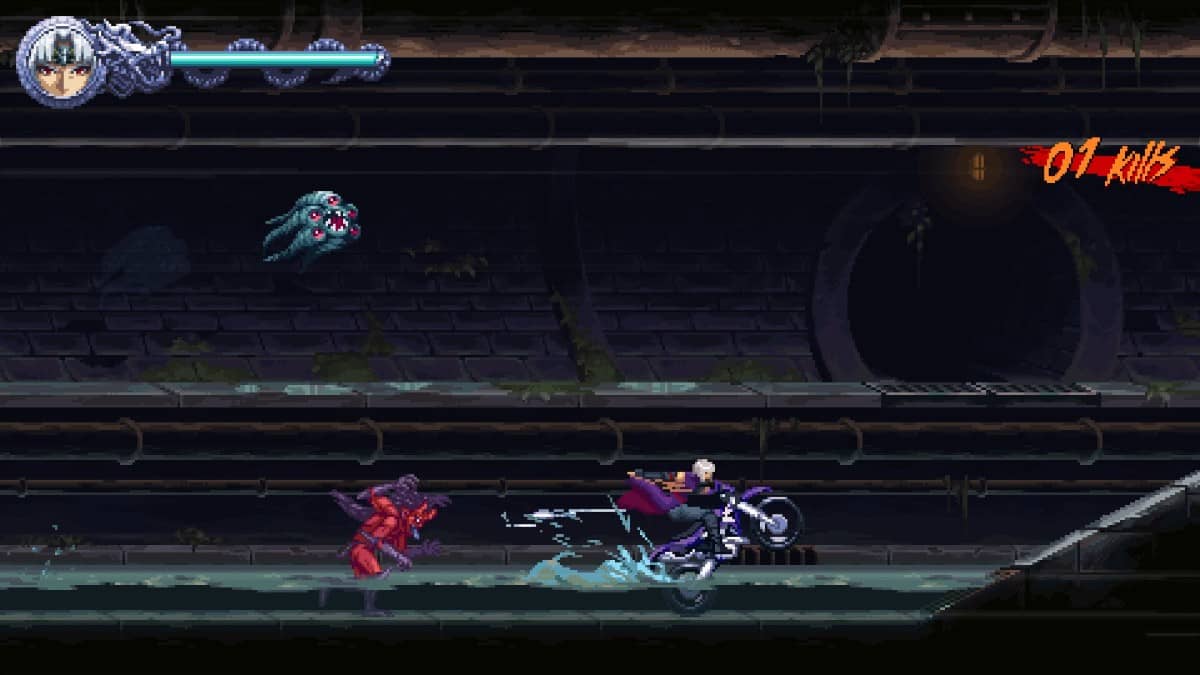Kenji speeds through a vehicle-based stage in NINJA GAIDEN: Ragebound, dodging hazards on a high-speed motorcycle.