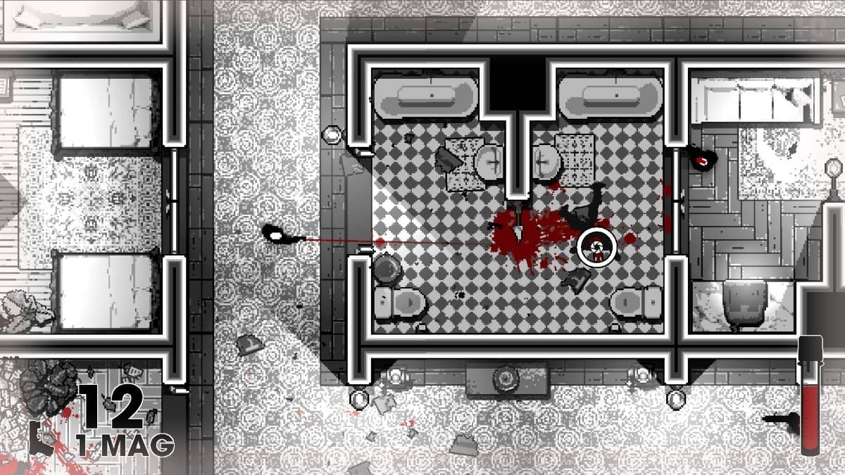 OTXO’s player storms a hotel bathroom mid-gunfight, outnumbered and under heavy fire from hidden enemies.