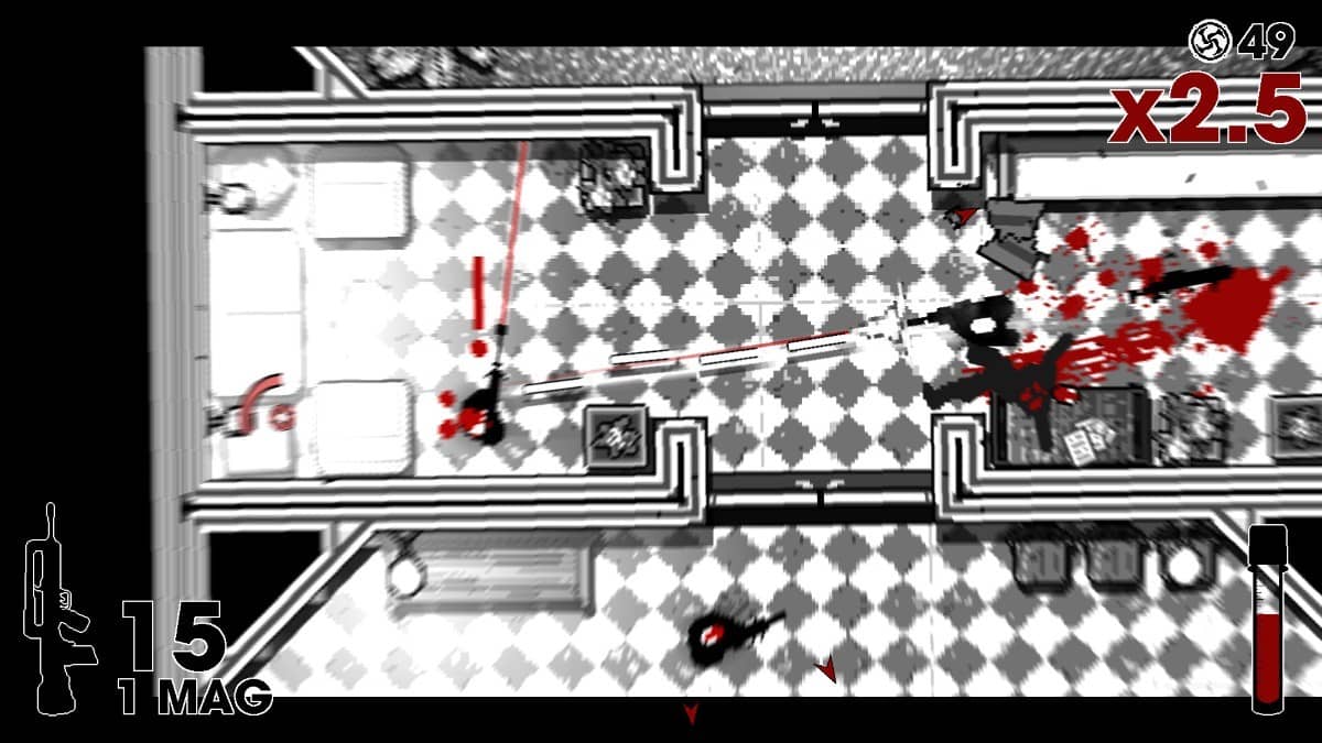 A brutal one-on-one shootout unfolds in OTXO’s building entrance, both fighters wounded and still exchanging fire.