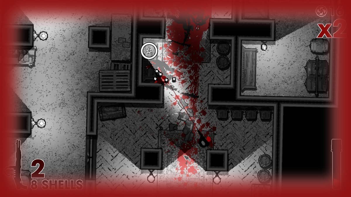 The player bleeds out in OTXO’s hotel foyer shootout, screen glowing red from heavy gunfire damage.