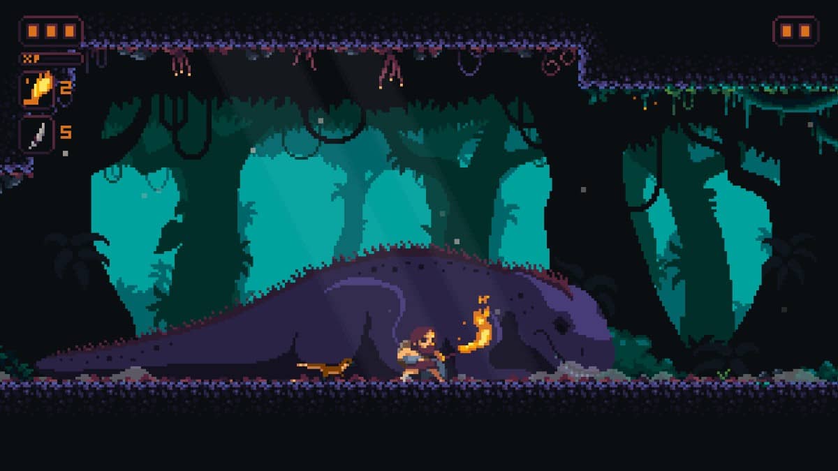 Sino quietly sneaks past a sleeping cave-dwelling dinosaur in Primal Planet’s tense stealth moment.