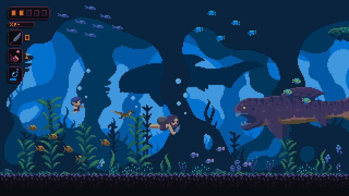 Sino swims through reef-filled waters in Primal Planet as a lurking aquatic dinosaur locks eyes on him.