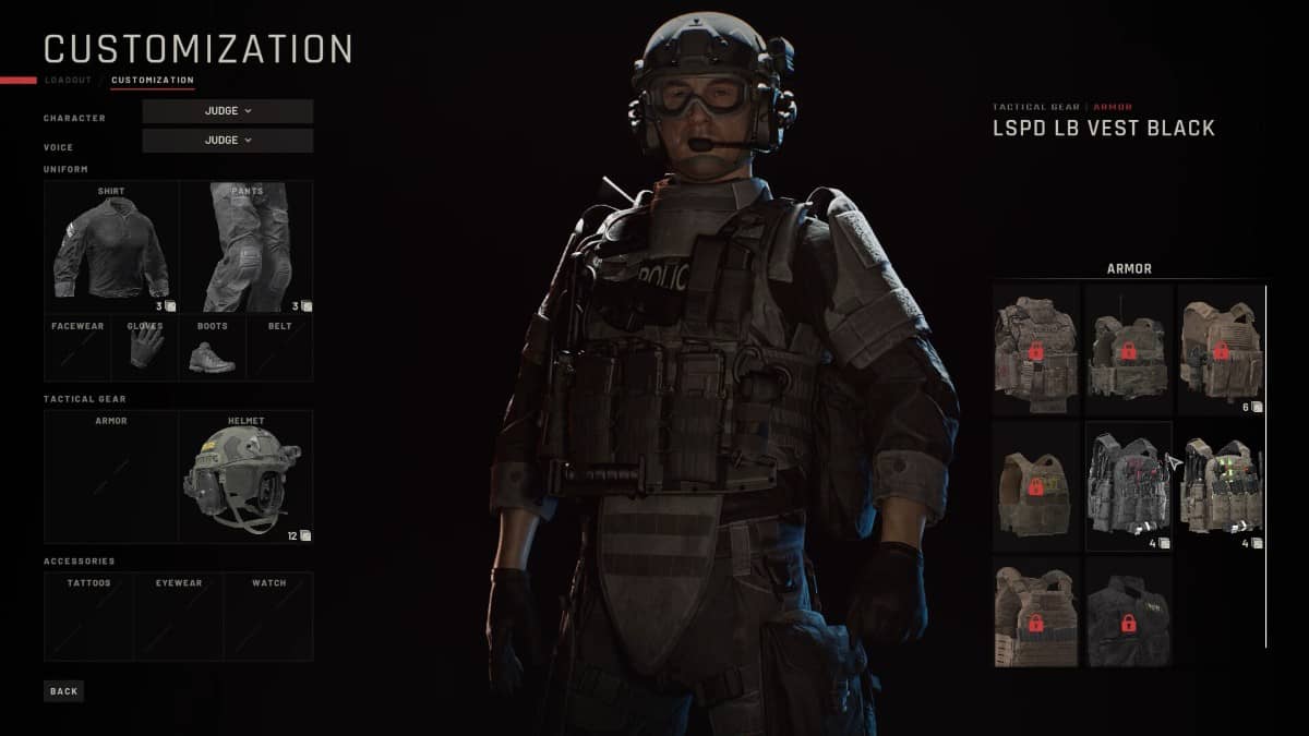 Character loadout screen in Ready or Not showing gear unlocks and customization options at HQ.
