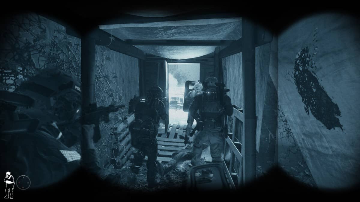 SWAT team advancing through a dark tunnel with night vision in Ready or Not, highlighting tactical immersion.