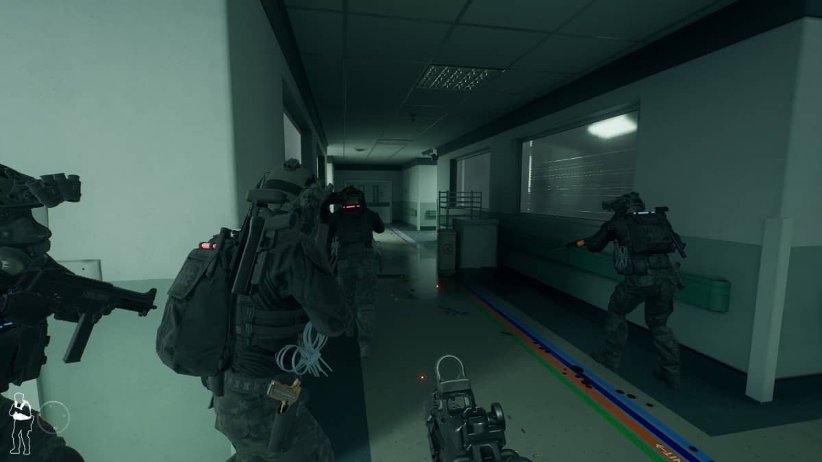 SWAT team breaching a dimly lit hospital room in Ready or Not, emphasizing tense tactical coordination.