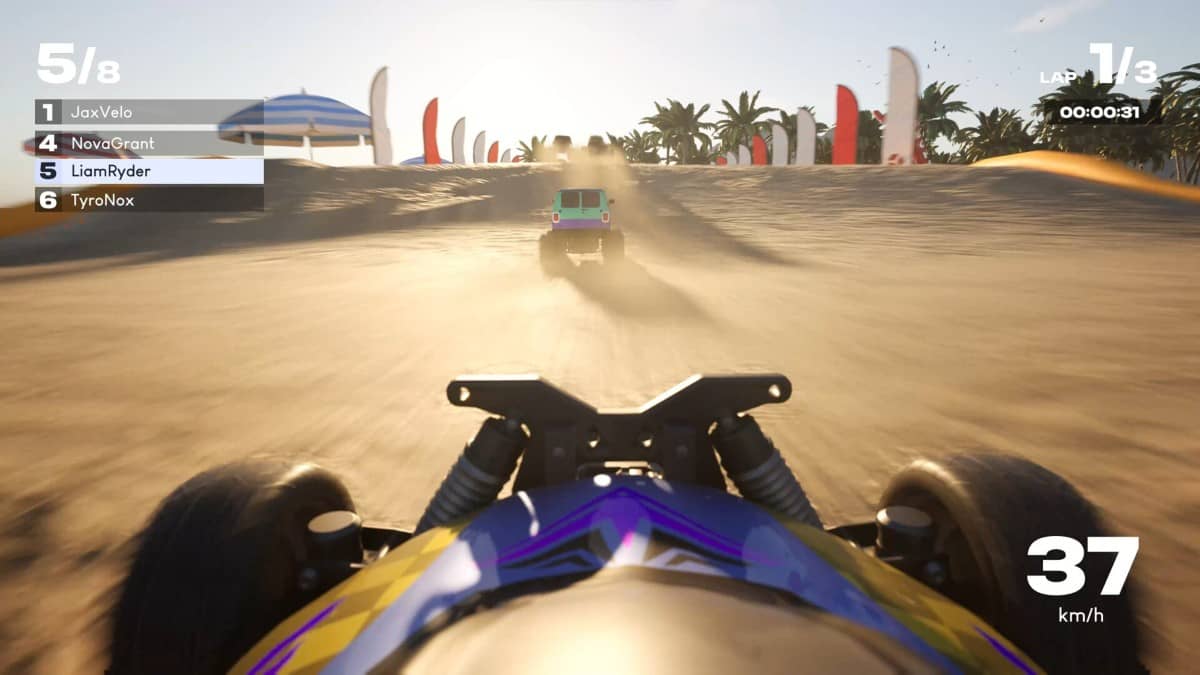 Bonnet cam view in Recharge showing limited visibility on a dusty track as particles obscure the car ahead.