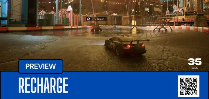 A nighttime race on Recharge’s carnival-themed track, with vivid lights reflecting off the slick wet road.