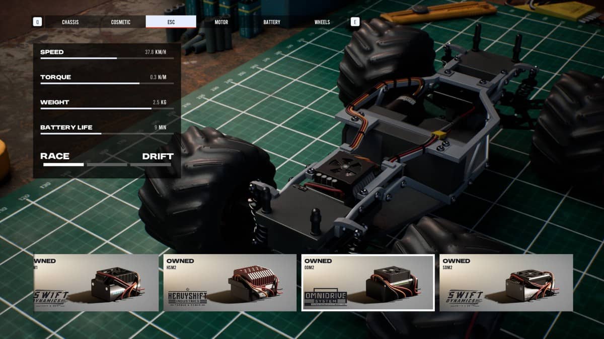 Recharge’s advanced garage view showing installable RC electronics, motor types, and upgrade slots.