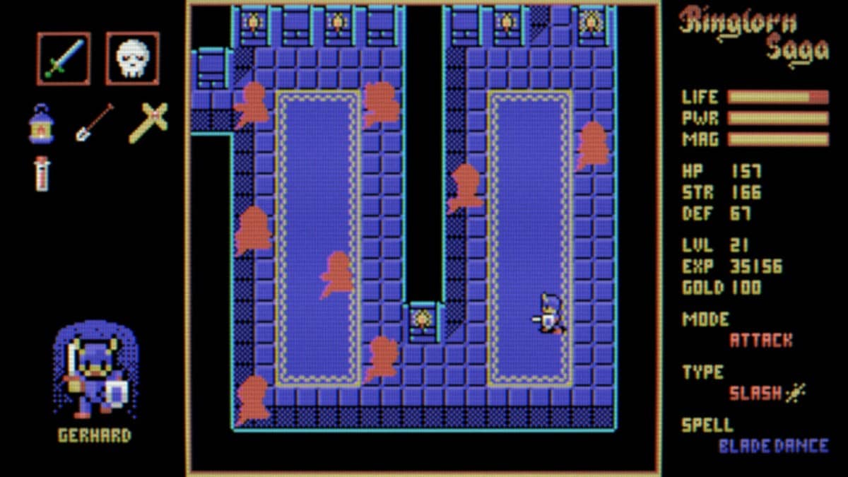 Ringlorn Saga hero explores a grand castle interior with ornate architecture and distinctive pixel enemies.
