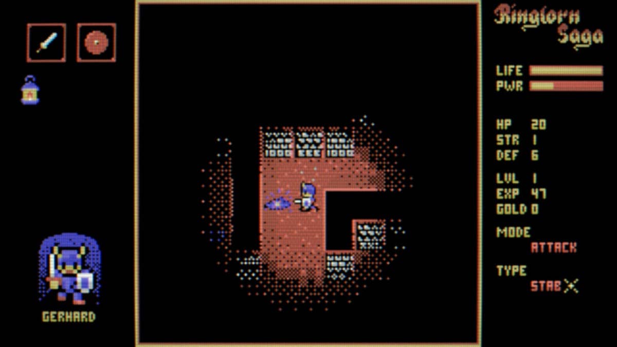 Ringlorn Saga hero explores a shadowy cavern, lit only by torchlight in a tense moment of pixel RPG discovery.