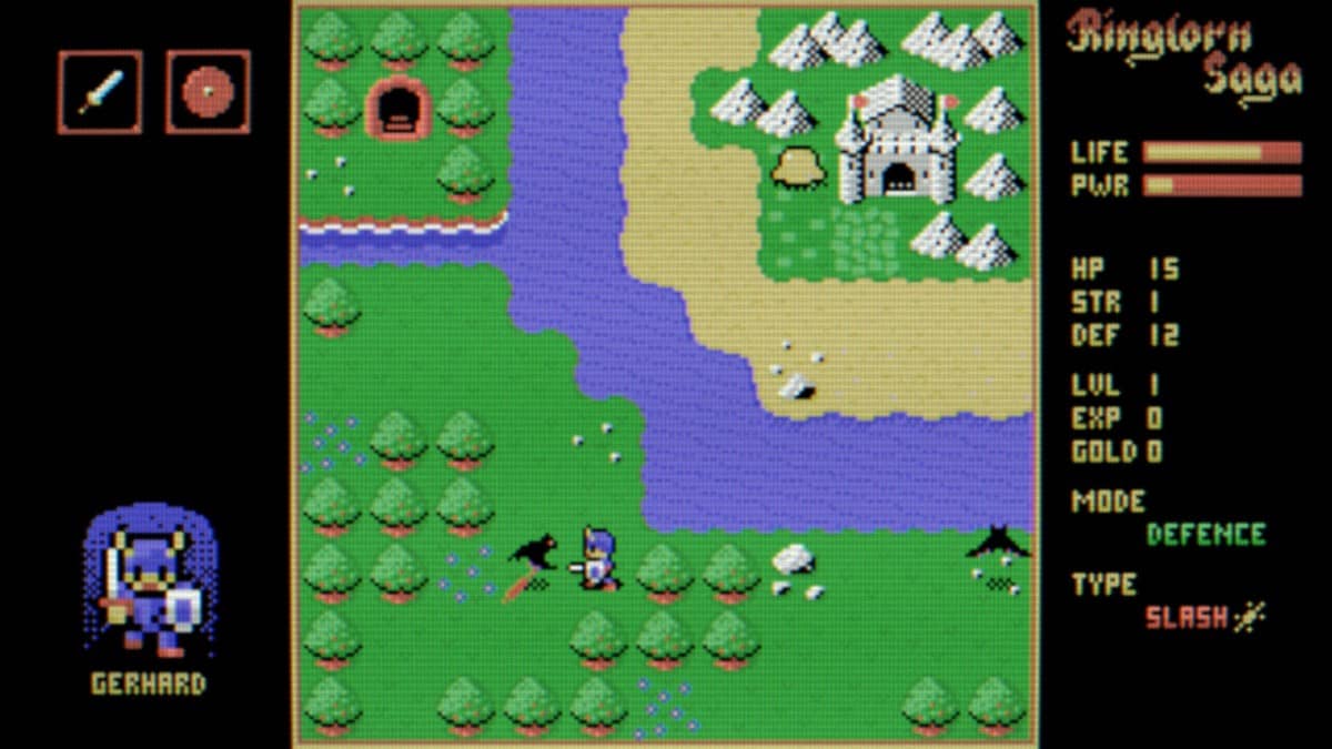 Ringlorn Saga hero faces off against roaming enemies in the pixelated overworld, highlighting tactical RPG combat.