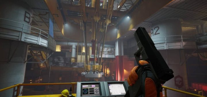 Rogue Point player reloading a pistol at factory controls, highlighting tactical gameplay in industrial setting.
