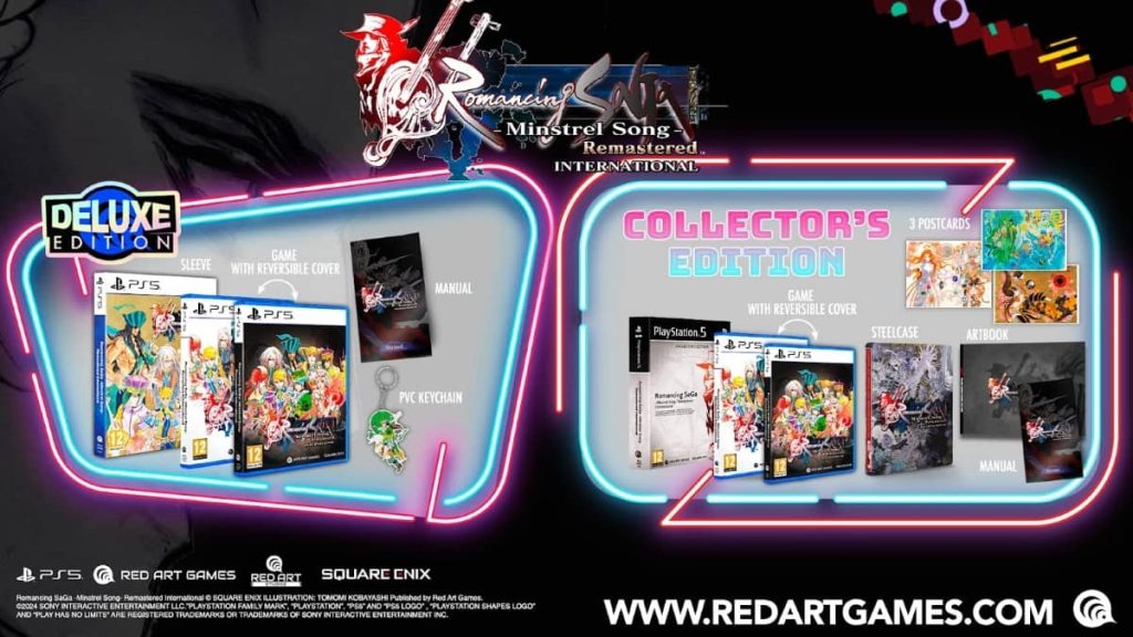 Romancing SaGa -Minstrel Song- Remastered International physical editions showcased with collector's items.