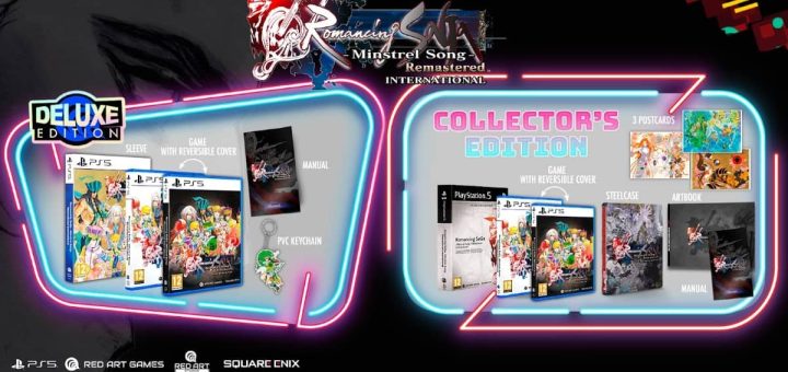 Romancing SaGa -Minstrel Song- Remastered International physical editions showcased with collector's items.