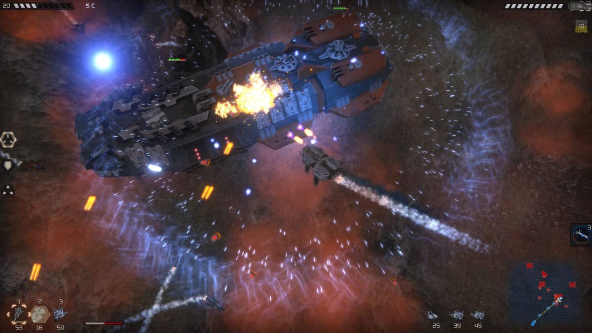 Sky of Destruction battle against a colossal enemy airship with rockets and explosions lighting up the sky.