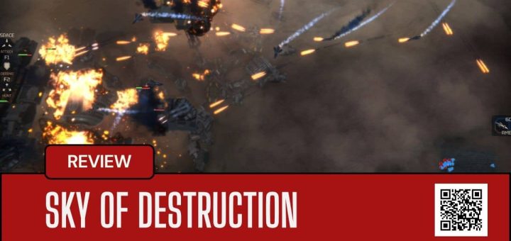 A chaotic battle scene from Sky of Destruction with rockets flying and massive explosions lighting up the sky.