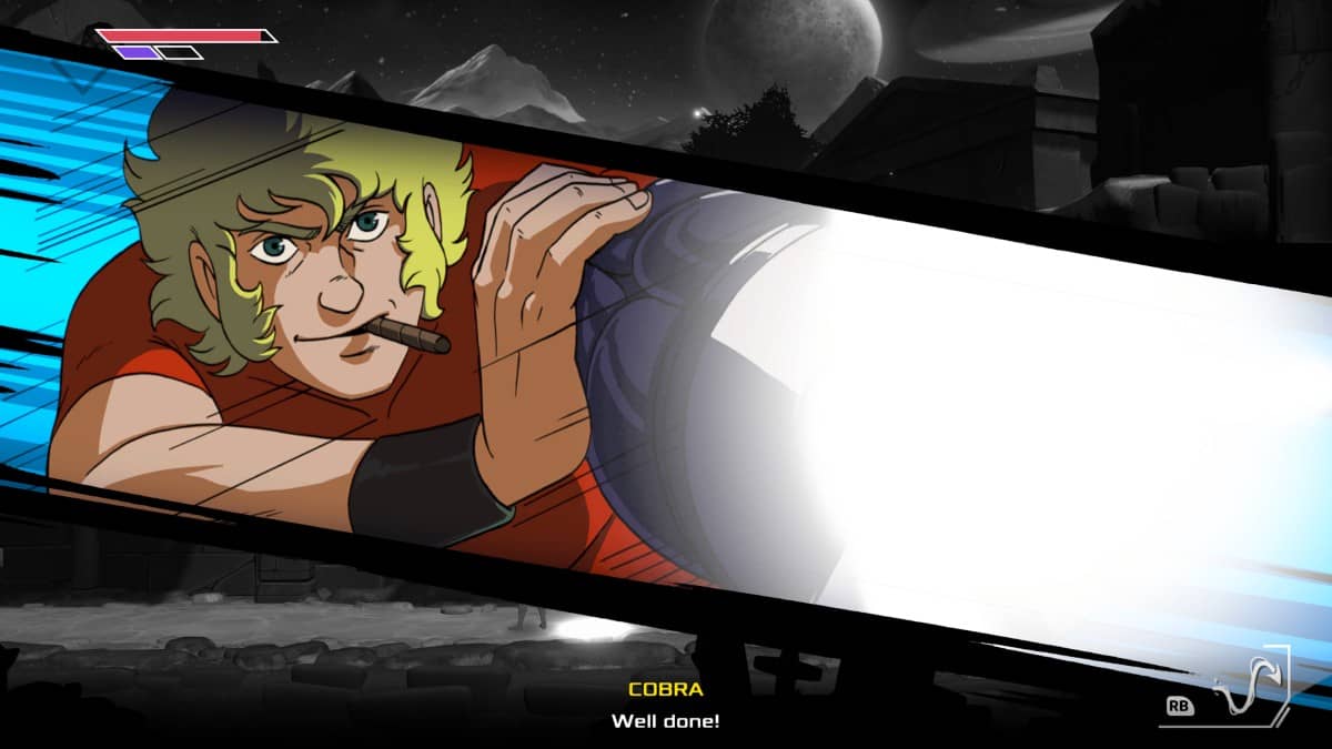 Cobra activates his signature ability in Space Adventure Cobra - The Awakening, cigar clenched and oozing cool confidence.