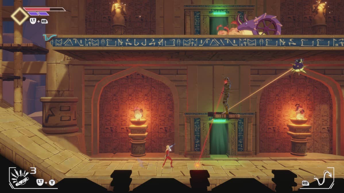 Cobra battles enemies in an Egyptian-themed stage of Space Adventure Cobra - The Awakening, surrounded by ancient hieroglyphics.
