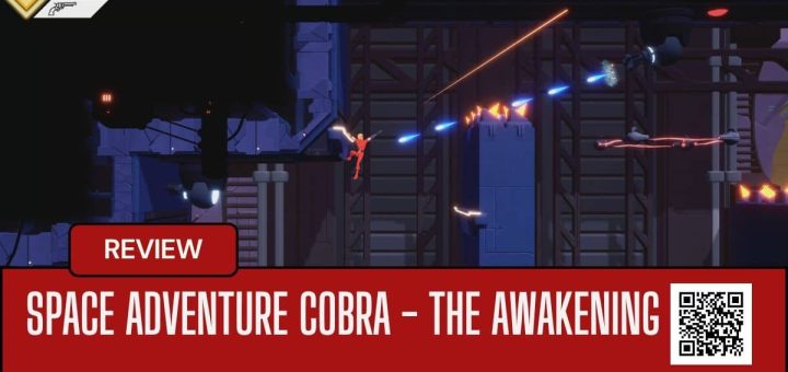 Cobra clings to a wall mid-battle in Space Adventure Cobra - The Awakening, firing at alien foes and turret defenses.