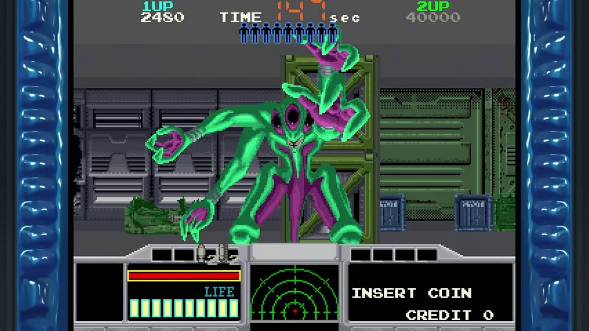 Aliens fill the screen in Space Gun, launching a full-scale assault in this intense arcade shooter moment.