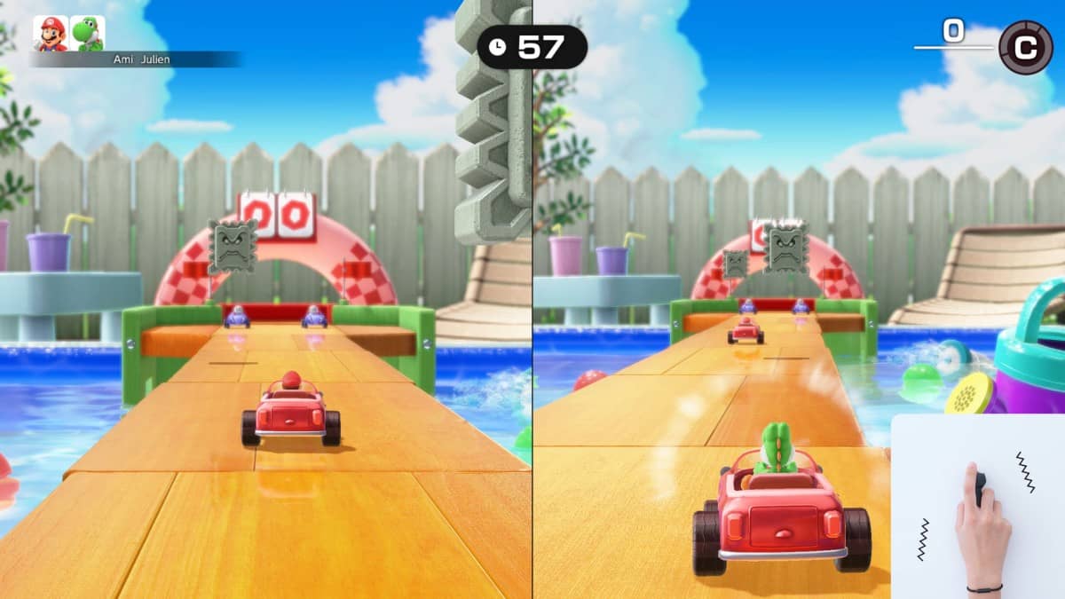 Splitscreen gameplay in Super Mario Party Jamboree – Nintendo Switch 2 Edition + Jamboree TV using Joy-Con as a motion mouse.