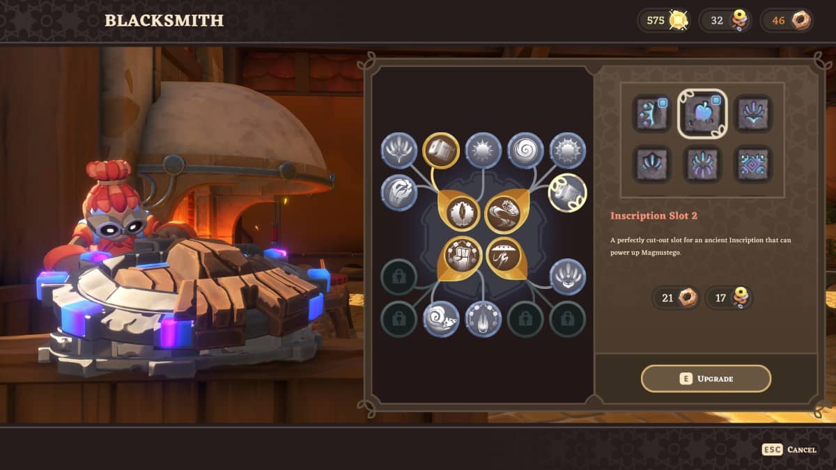 The Knightling’s blacksmith interface showing gear upgrade options and required resources in Sir Lionstone’s Lost Legacy.