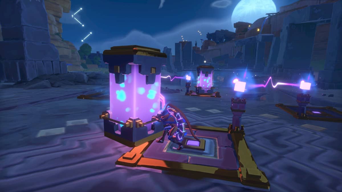 The Knightling shifts a stone pillar to solve one of Clesseia’s environmental puzzles in Sir Lionstone’s Lost Legacy.