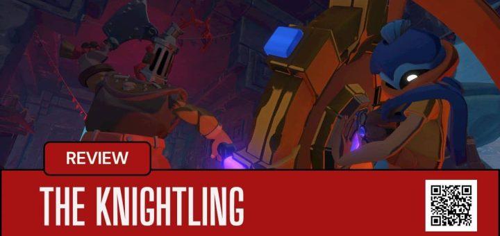 The Knightling braces behind his oversized shield as a towering boss prepares a crushing blow in Sir Lionstone’s Legacy.