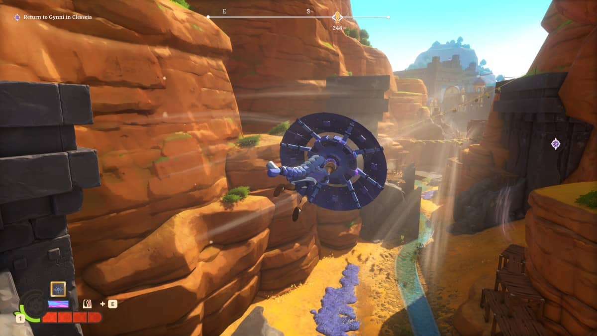 The Knightling glides across the vast terrain using his shield as a makeshift umbrella in Sir Lionstone’s Lost Legacy.