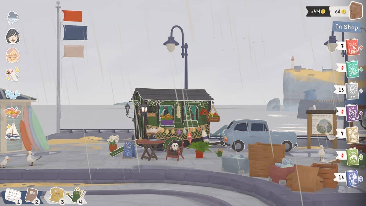 A rainy beachside moment in Tiny Bookshop with a few customers browsing near the lighthouse.