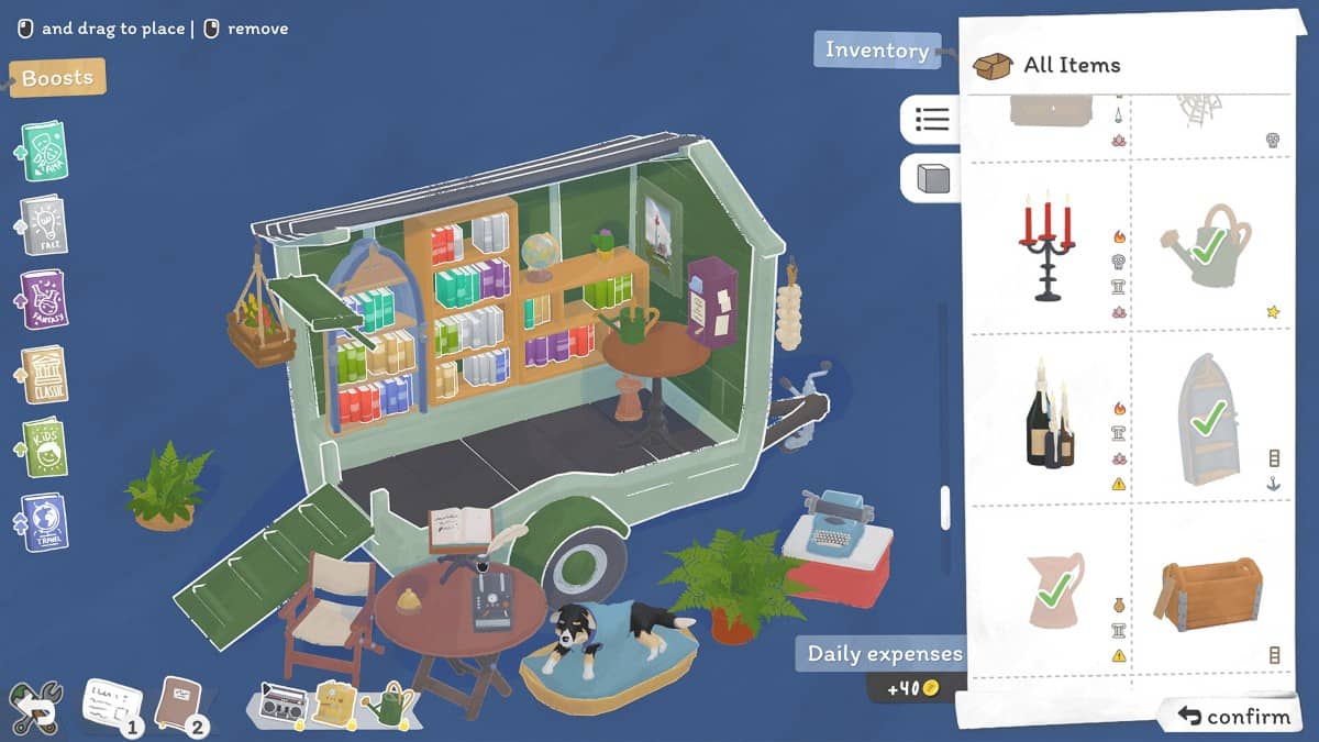 Tiny Bookshop showing the interior setup and how players can easily customise their mobile bookshop.